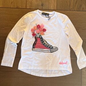Desigual White Long Sleeve Tee with Pink Sneaker & Floral Print
